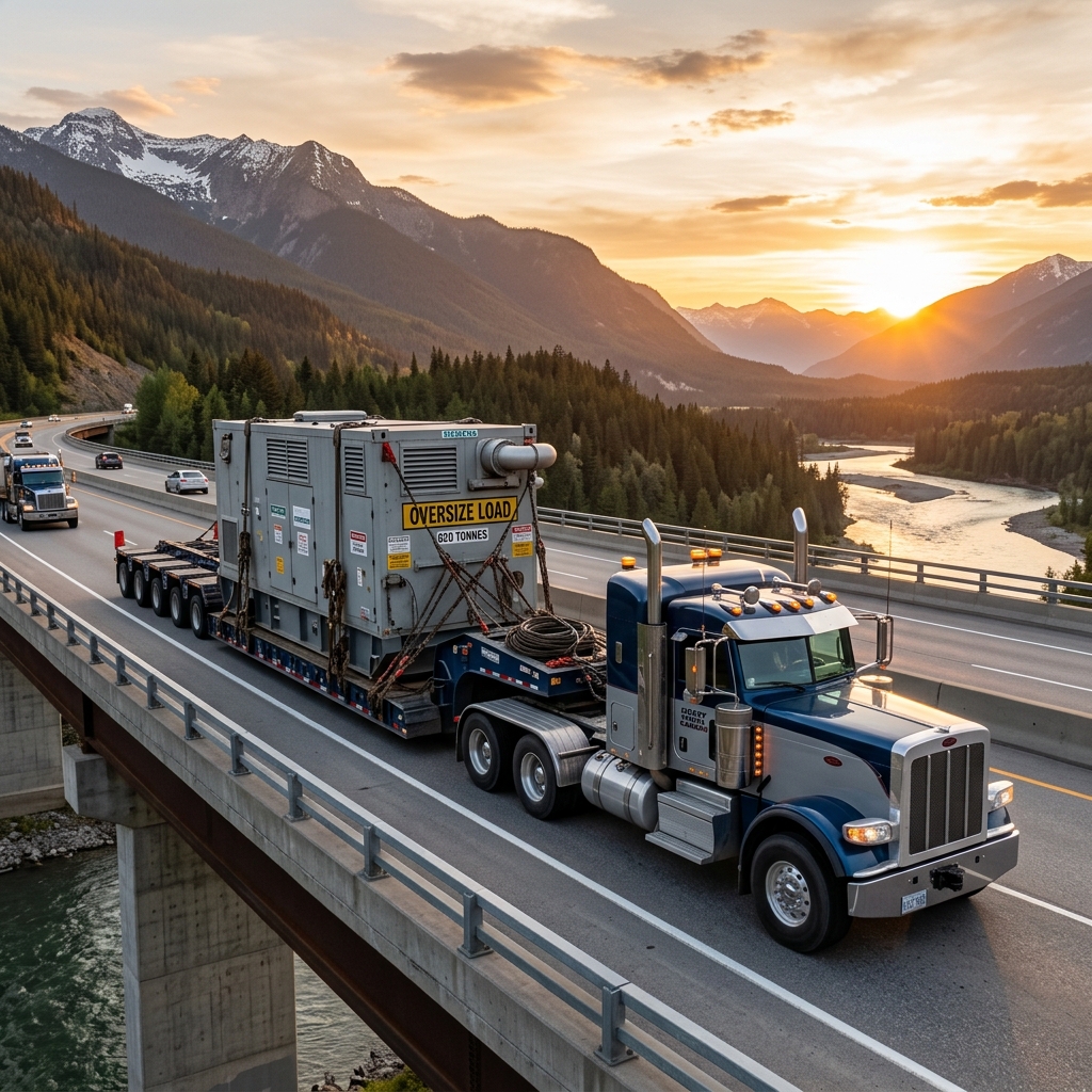 Commercial semi truck crossing a highway bridge at sunset